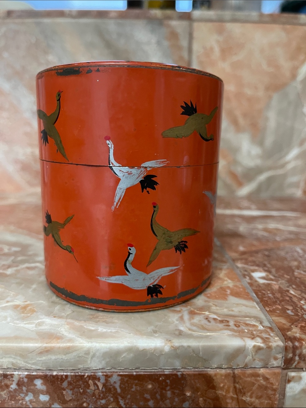 Antique Hand-Painted Orange Decorative tea Storage Canister with Crane Motif